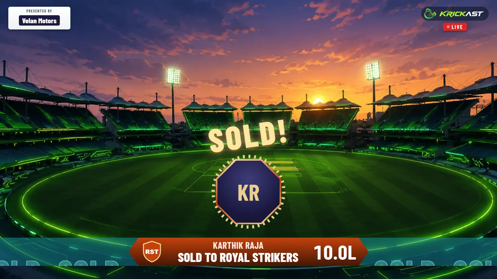 Cricket player auction overlay: SOLD moment with the buying team and the price