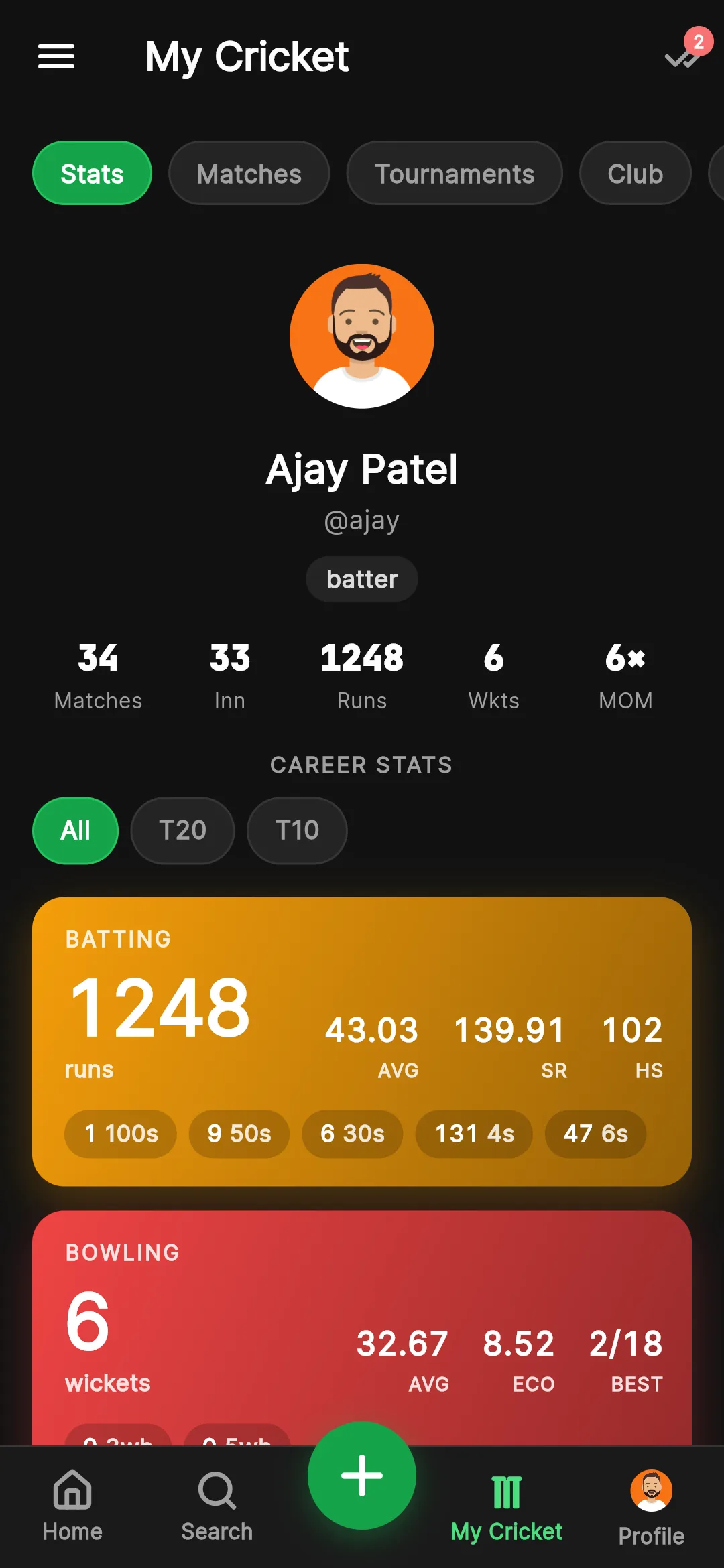 Krickit deep stats: batting, bowling, fielding and awards